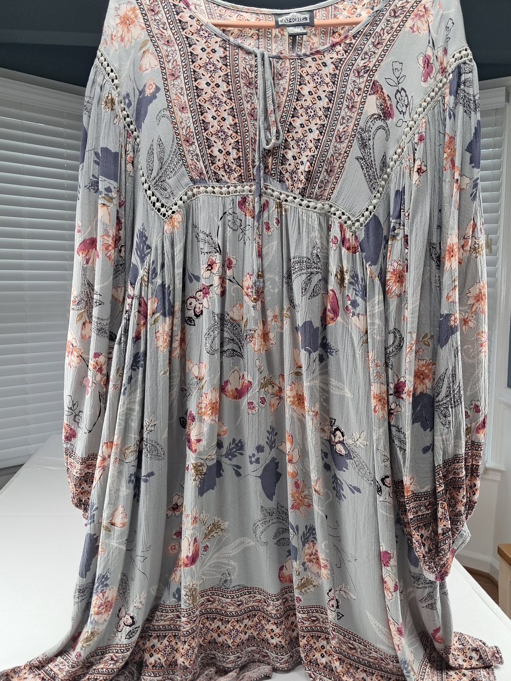 Gray-blue- Green Floral Boho Peasant Top